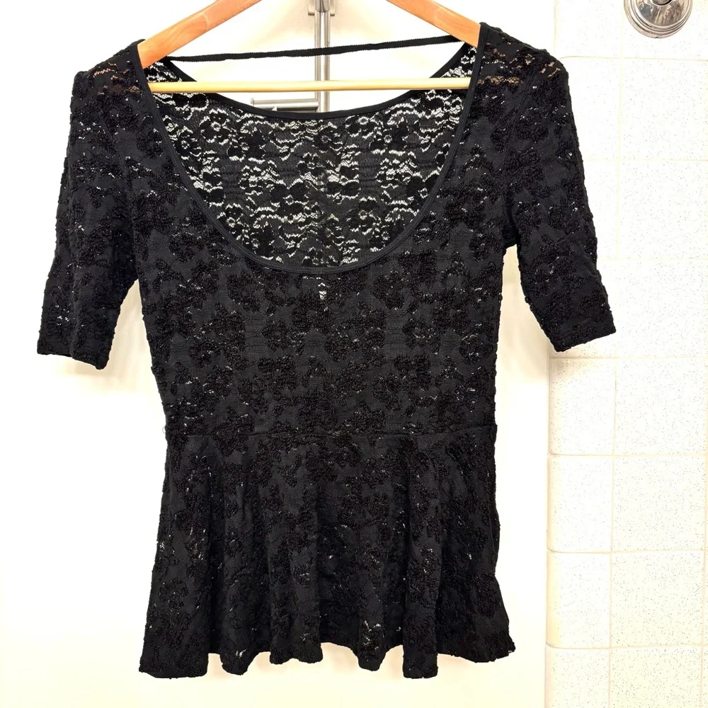 Free People Black Lace Stretch Top Size Medium Peplum Romantic Boho Feminine - Picture 5 of 10